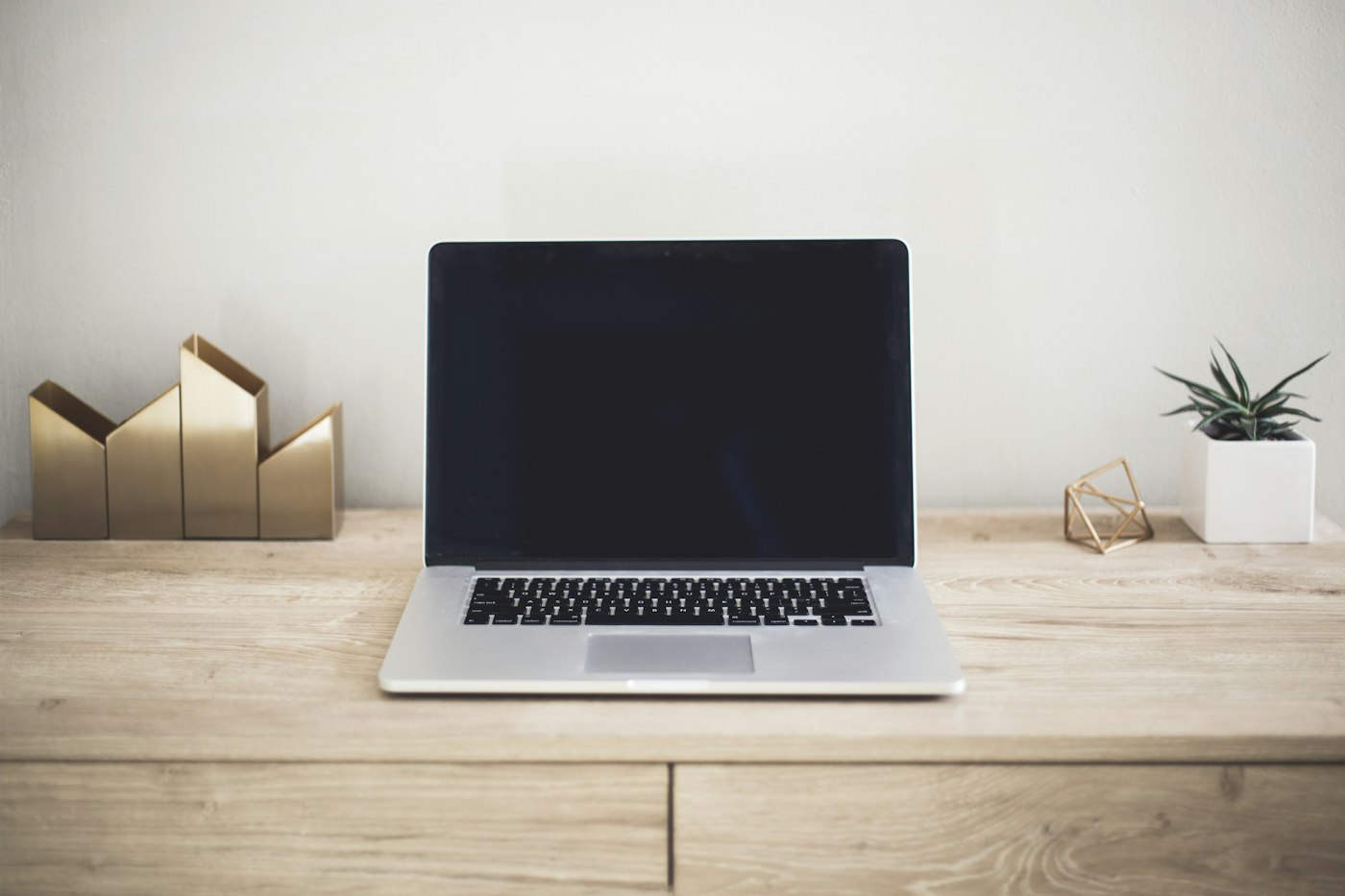 Laptop auf einem hellen Schreibtisch neben einer Pflanze – Symbolbild für die Prüfung von Shopdaten